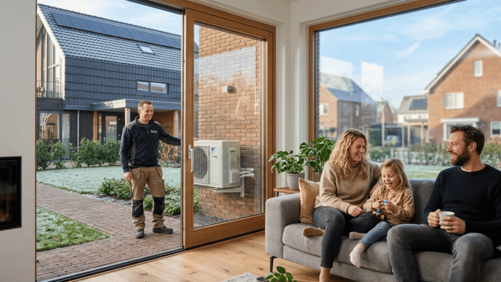 Een modern geïsoleerd woonhuis dat gebruikmaakt van de ISDE subsidie voor een warmtepomp en isolatie