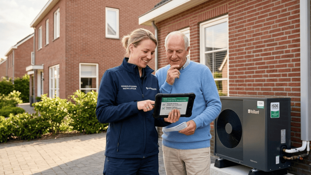 Een gecertificeerde installateur controleert de ISDE subsidie voorwaarden en meldcodes op een factuur voor een woning