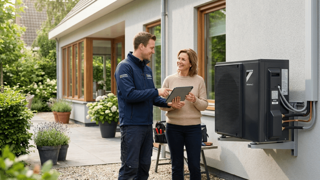 Een gecertificeerde installateur controleert de installatie van een hybride warmtepomp voor de ISDE subsidie voorwaarden van de RVO