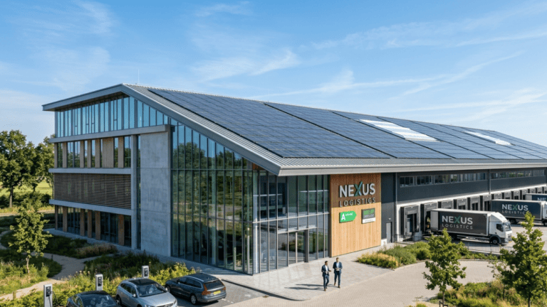 Een modern duurzaam bedrijfspand met zonnepanelen dat gebruikmaakt van de Energie-investeringsaftrek EIA subsidie in 2026